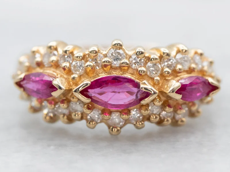 Curved art rings-Yellow Gold East West Marquise Cut Ruby Ring with Diamond Accents