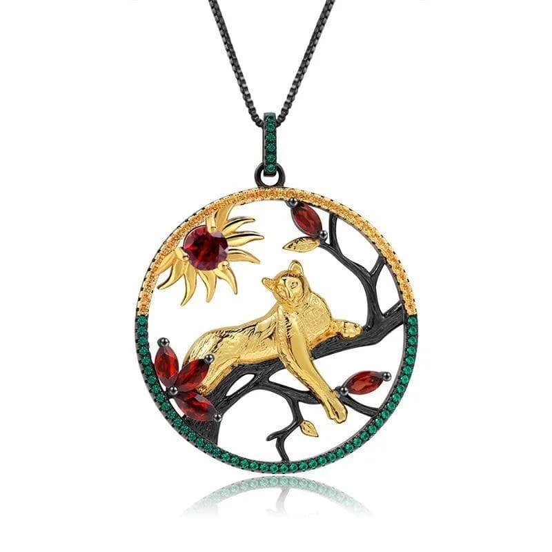 Oval shape necklaces-Year Of The Tiger- 1.64 Ct Natural Red Garnet Leopard on the Tree Necklace