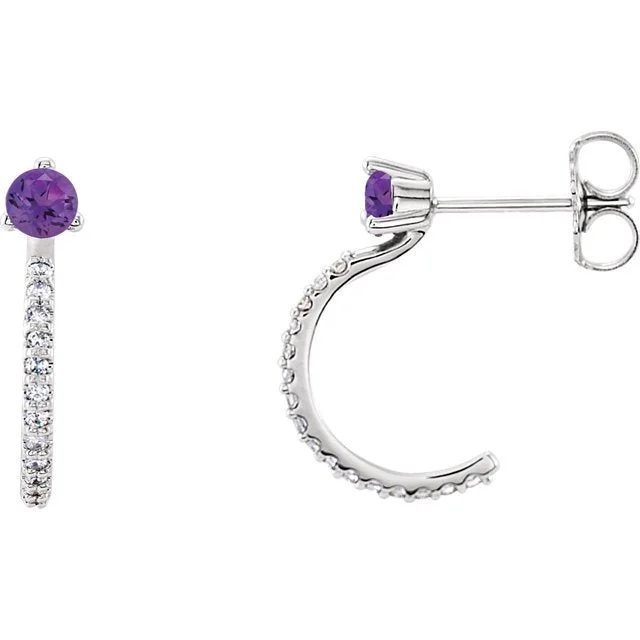 Akoya pearl earrings-14KT GOLD 0.20 CTW AMETHYST & 0.16 CTW DIAMOND J-HOOP EARRINGS