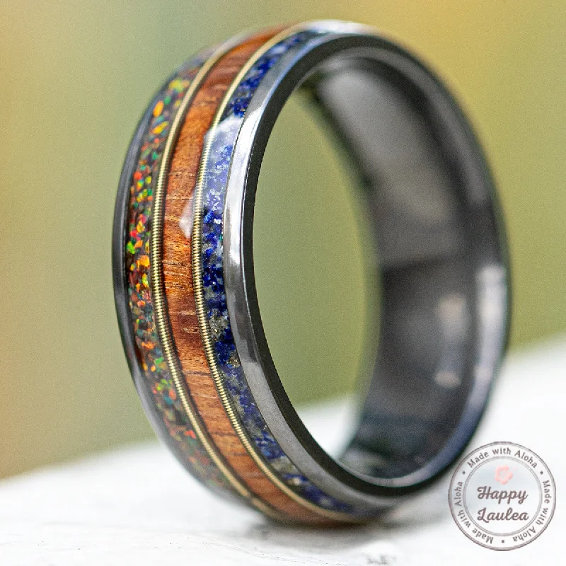 Ocean inlay rings-Zirconium with Fire Opal + Hawaiian Koa Wood + Lapis & Mid Guitar String Ring - 8mm, Dome Shape, Comfort Fitment