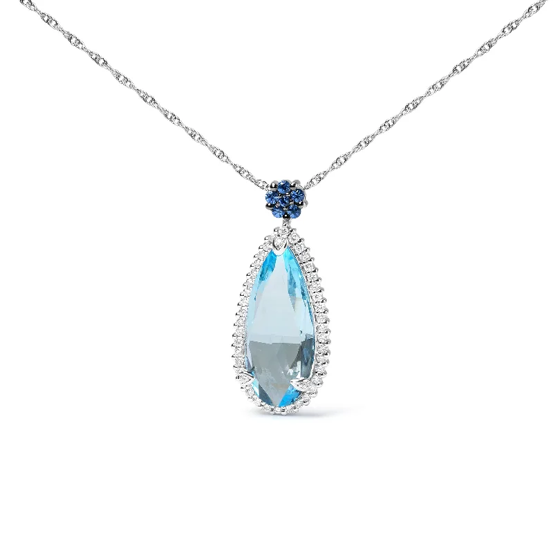 Square pendant necklaces-18K White Gold 3/8 Cttw Pave Set Diamond and Sky Blue Topaz and Blue Sapphire Gemstone Floral Teardrop Halo 18" Pendant Necklace