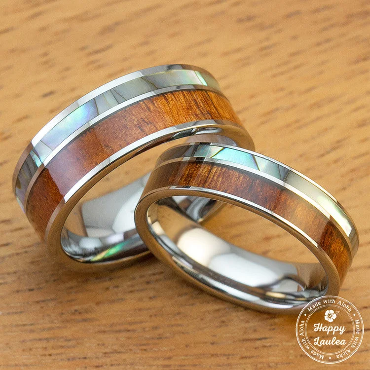 Thai tile rings-Pair of Tungsten Carbide Couple/Wedding Ring Set with Abalone Shell & Koa Wood Offset-Inlay, 6&8mm width, Flat Shape, Comfort Fit