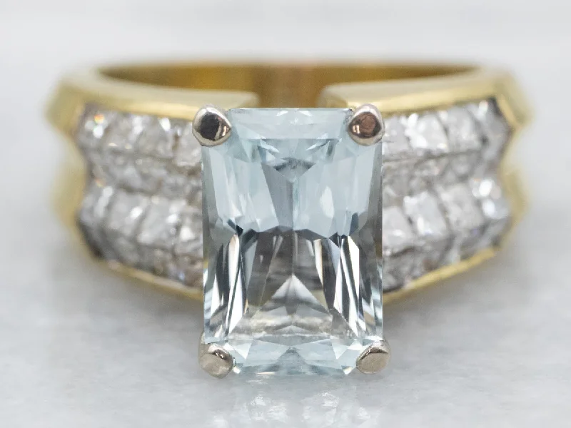 Thai tile rings-Bold Aquamarine and Diamond Cocktail Ring