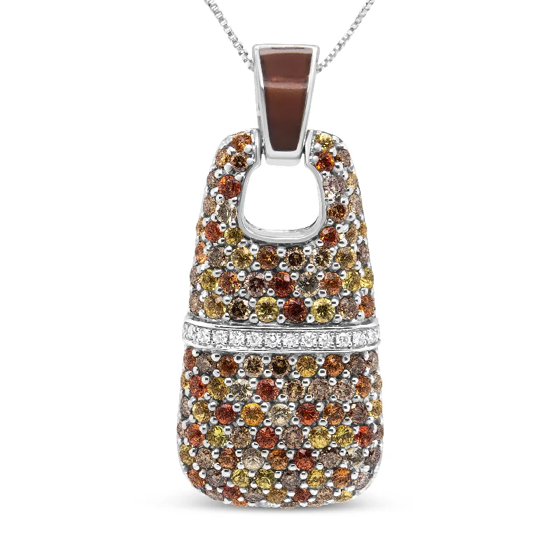 Twisted link necklaces-.925 Sterling Silver Brown Enamel 1 Cttw White and Brown Diamonds and  1.5mm Yellow and Orange Sapphire Gemstones Statement 18" Pendant Necklace