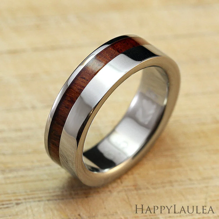 Ocean theme rings-Titanium Ring with Koa Wood Offset Inlay - 6mm, Flat Shape, Standard Fitment