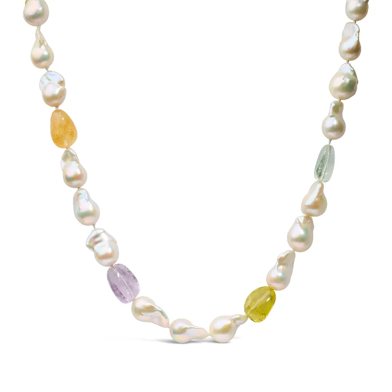 Wide bib necklaces-14K Yellow Citrine, Amethyst, and Baroque Pearl Strand Necklace