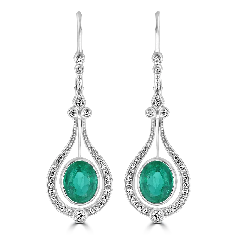 Glossy art earrings-JULEVE 18KT WHITE GOLD 5.23 CTW EMERALD & 0.61 CTW DIAMOND HALO DROP EARRINGS