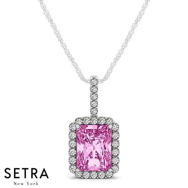 Hope eye necklaces-18K Gold Round Cut Diamonds & Emerald Cut Pink Sapphire In Halo Necklace