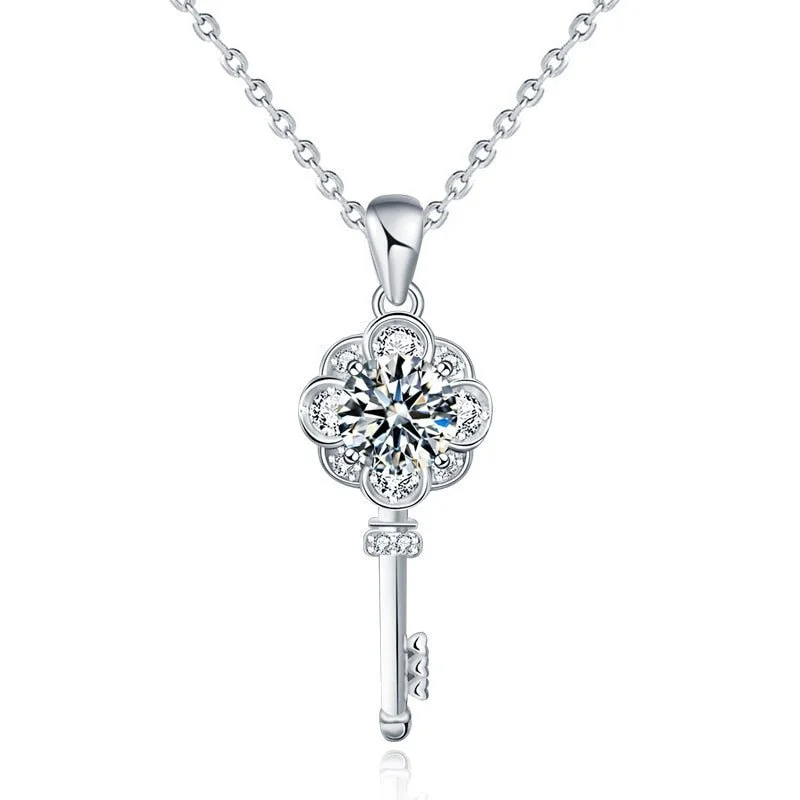 Wrap-style necklaces-1.0ct Round Cut Diamond Flower Key Necklace