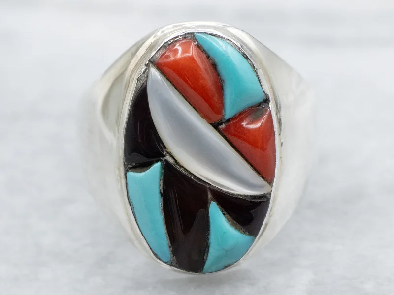 Pure druzy rings-Zuni Turquoise, Mother of Pearl, and Coral Intarsia Ring