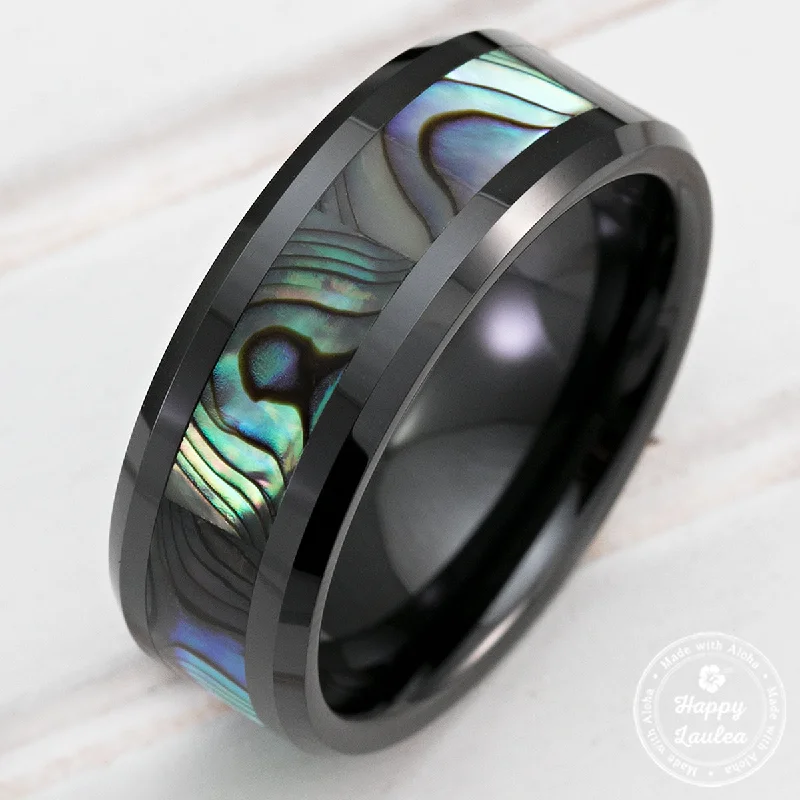 Fine heart rings-HI-TECH Black Ceramic Beveled Edged Ring with Abalone Pau'a Shell Inlay - 8mm, Flat Shape, Comfort Fitment