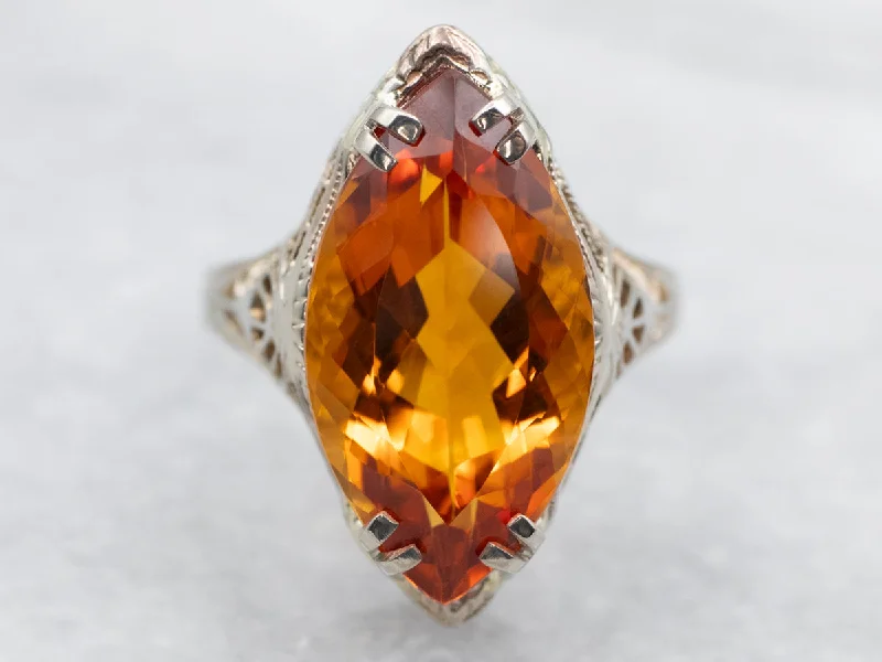 Vine carved rings-White Gold Marquise Cut Citrine Solitaire Ring