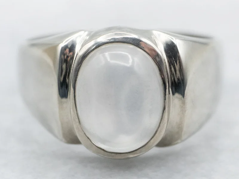 Aged deco rings-Unisex White Gold Moonstone Solitaire Ring