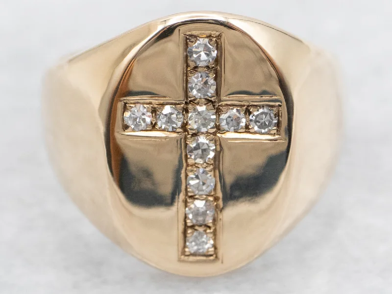 Soft texture rings-Yellow Gold Diamond Cross Statement Ring