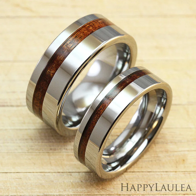 Sun theme rings-Pair of Tungsten Carbide Ring with Koa Wood Offset Inlay - 6&8mm, Flat Shape, Comfort Fitment