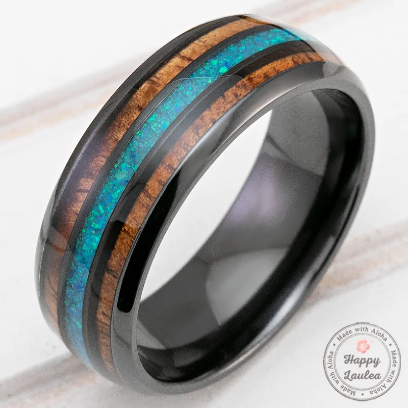 Square gem rings-Black Zirconium 8mm Ring with Azure Blue Opal & Hawaiian Koa Wood - Dome Shape, Comfort Fitment