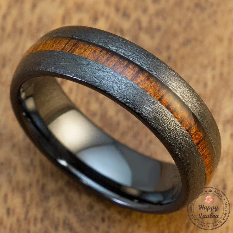 Sleek shank rings-HI-TECH Black Ceramic Brush Finish Ring with Hawaiian Koa Wood Inlay - 7mm, Dome Shape, Comfort Fitment