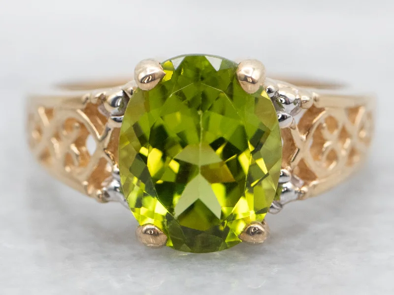 Regency style rings-Gold Filigree Peridot Solitaire Ring