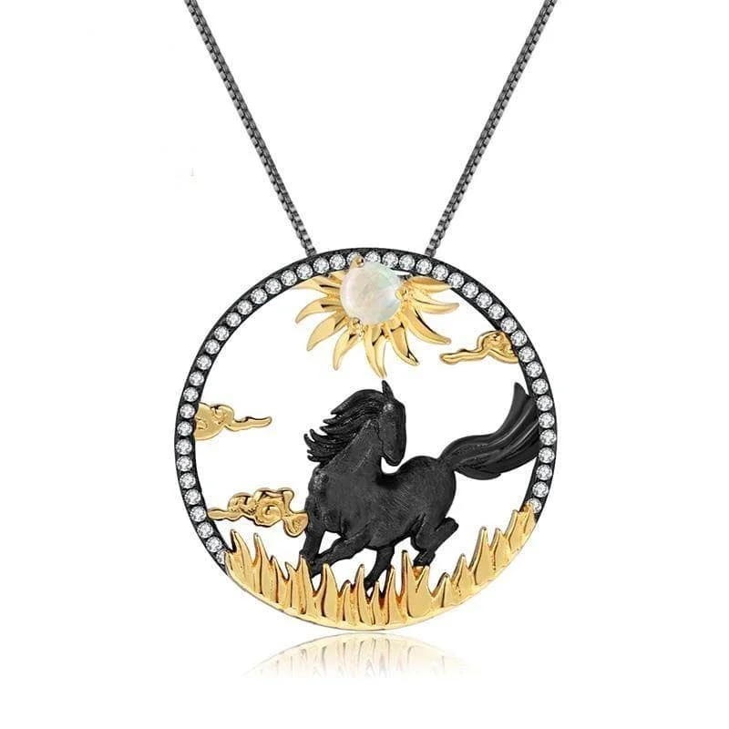 Sapphire drop necklaces-Year Of The Horse- Galloping Horse Natural African Opal Necklace