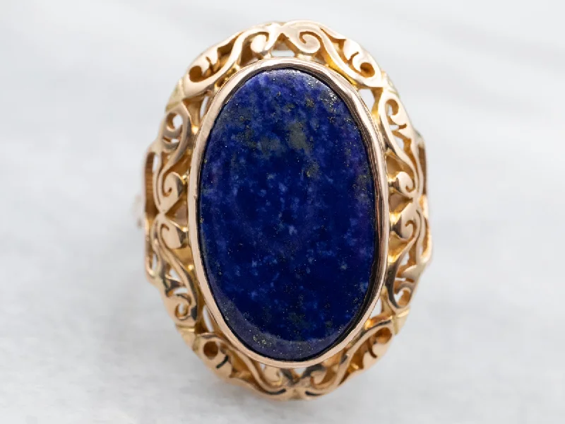 Sleek shank rings-Yellow Gold Bezel Set Oval Cut Lapis Ring With Scrolling Frame