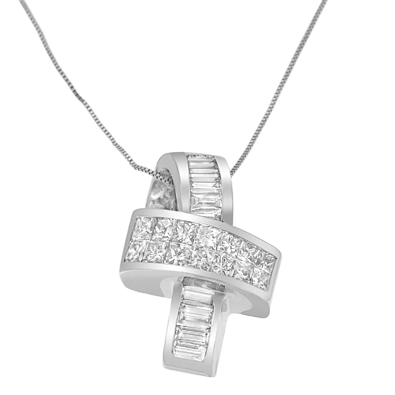 Soft bead necklaces-14K White Gold 2 cttw Princess and Baguette Cut Diamond Ribbon Pendant Necklace