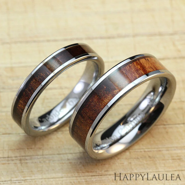 Hope eye rings-Pair of Tungsten Carbide Rings with Koa Wood Inlay - 4&6mm, Flat Shape, Comfort Fitment