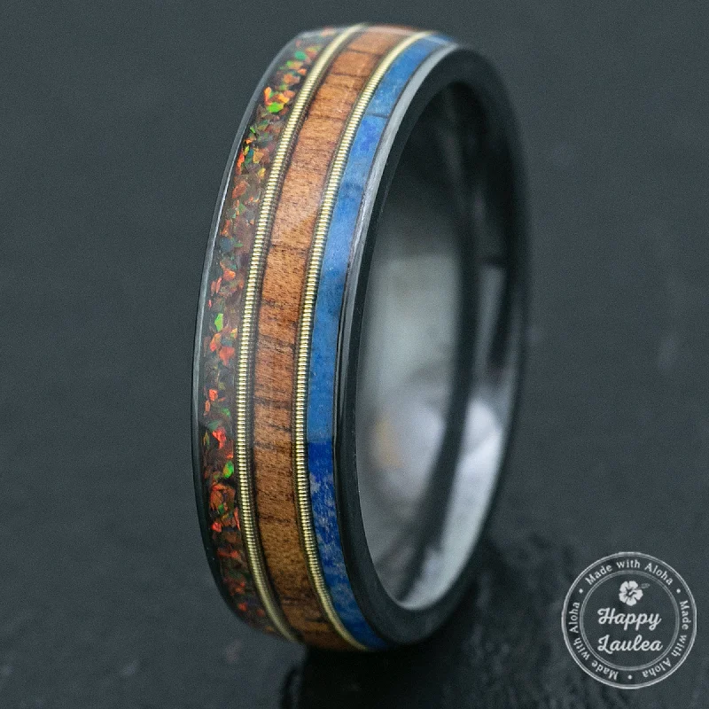 Coil knot rings-Zirconium Ring with Mid Guitar String / Fire Opal + Hawaiian Koa Wood + Lapis /  6mm / Dome Shape & Comfort Fitment