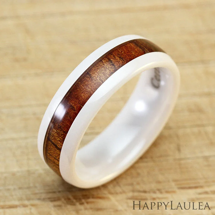 Owl feather rings-HI-TECH White Ceramic Ring with Koa Wood Inlay - 6mm, Dome Shape, Comfort Fitment