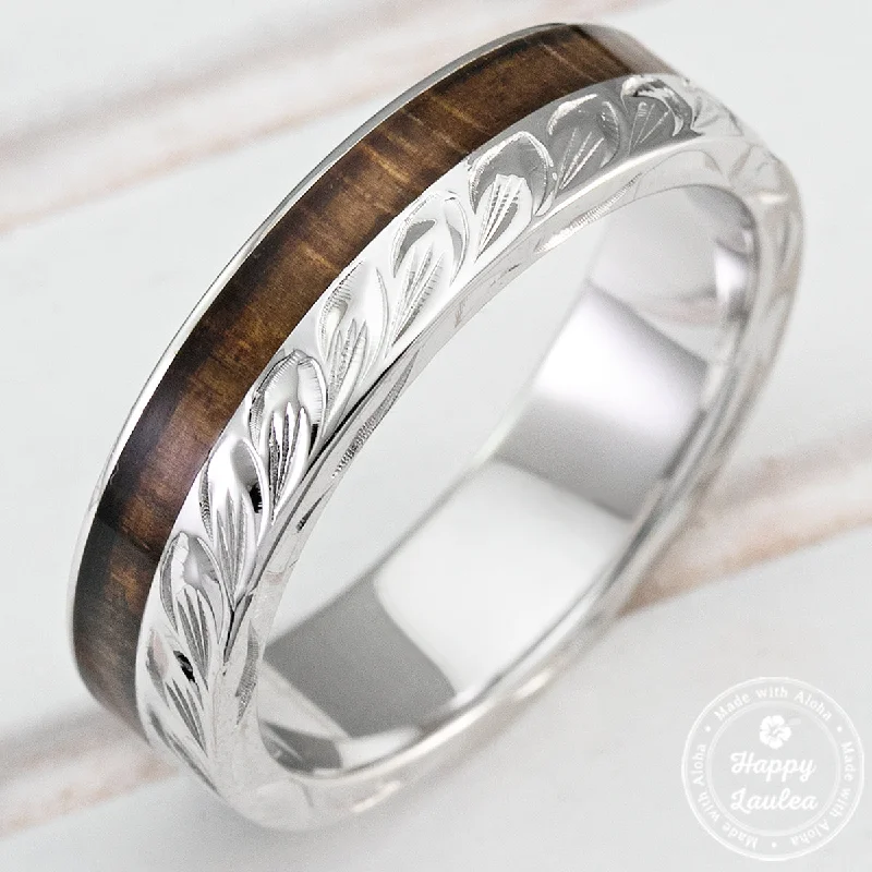 Tulip rings-925 Sterling Silver Hand Engraved Maile Leaf Ring with Hawaiian Koa Wood Inlay - 6mm, Flat Shape, Standard Fitment