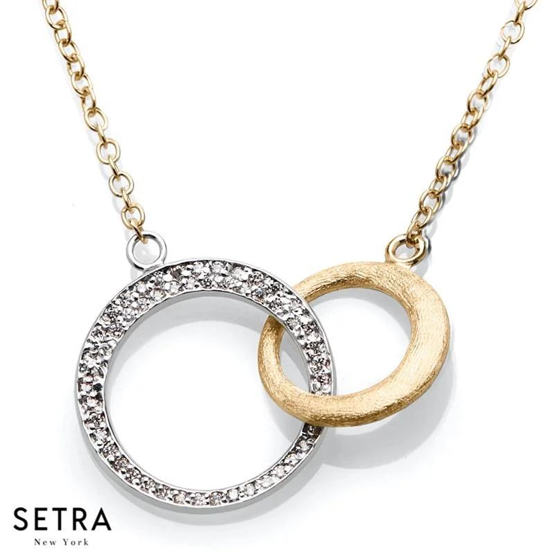 Petite stone necklaces-DESIGNER 14K FINE WHITE & YELLOW GOLD DIAMONDS DOUBLE CIRCLE NECKLACE