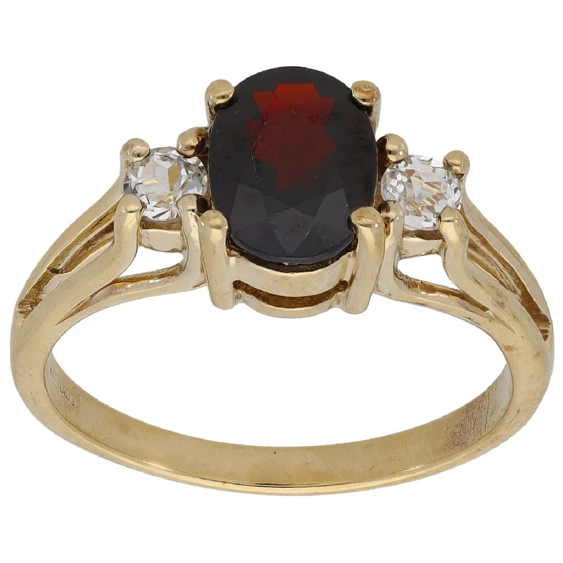 Shiny band rings-9ct Gold Garnet & White Topaz Three Stone Ring Size N