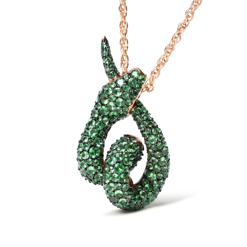 Sleek clasp necklaces-18K Rose Gold Round Green Tsavorite Gemstone Cluster Spiral Snake Design 18" Pendant Necklace