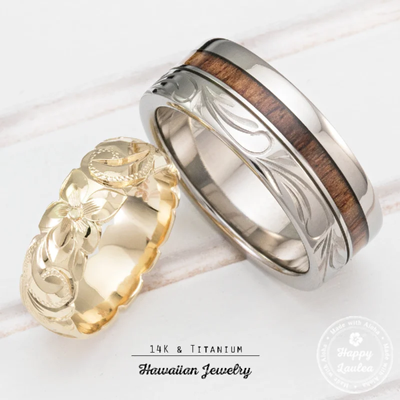 Wolf motif rings-Pair of 14K Gold & Titanium Assorted Hawaiian Jewelry Couple/Wedding Ring Set - 6&8mm Widths