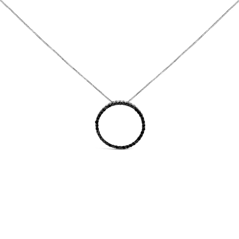 Soft enamel necklaces-.925 Sterling Silver Black Diamond Open Hoop Circle 18" Pendant Necklace