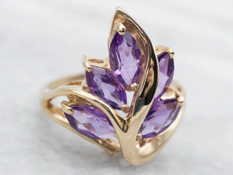 Fine wing rings-Yellow Gold Marquise Cut Amethyst Leaf Ring