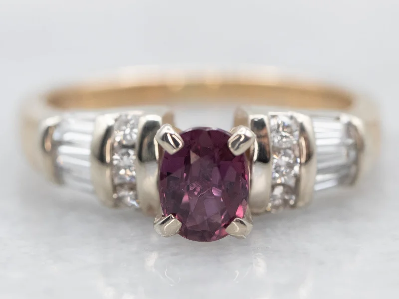 New moon rings-Two Tone Oval Cut Ruby Ring with Diamond Shoulders