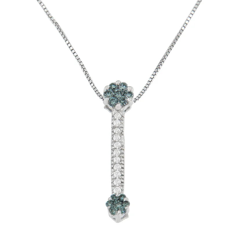 Wide bib necklaces-14K White Gold 1/5 cttw Treated Blue Round Cut Diamond Drop Pendant Necklace