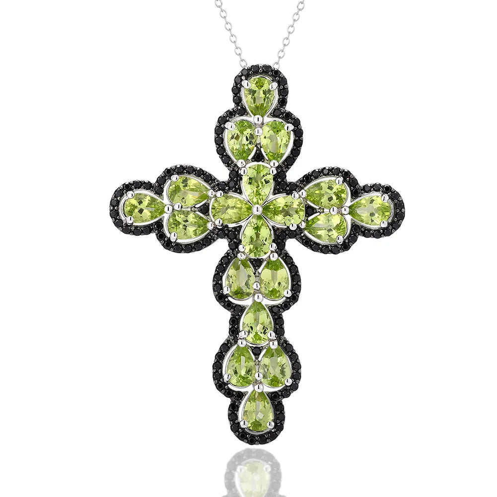 Sturdy link necklaces-Pear-cut Peridot with Black Spinel Cross Pendant Necklace