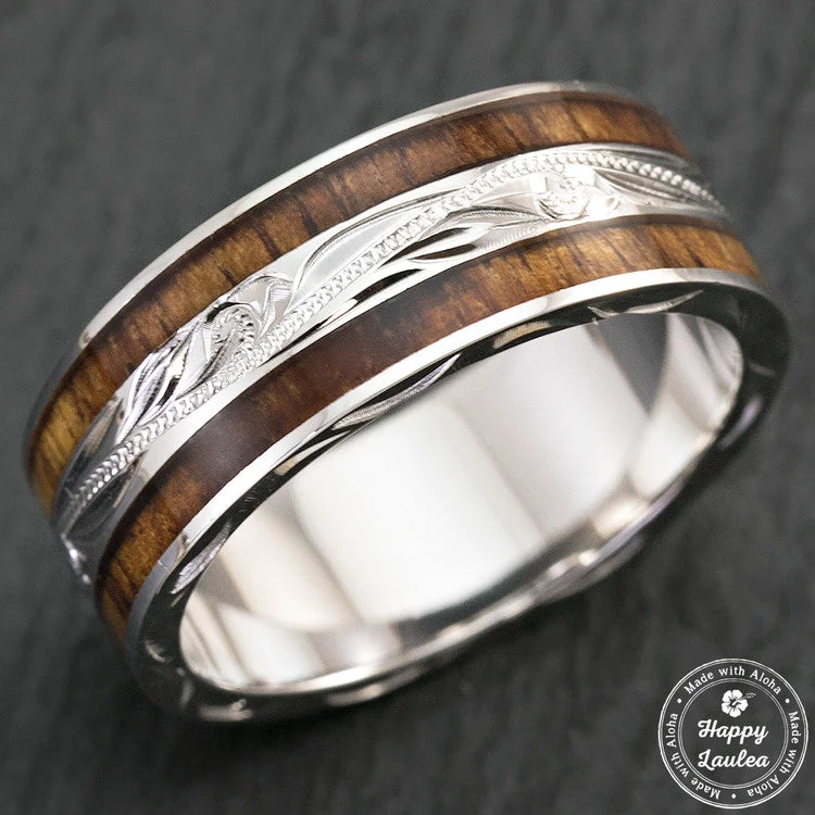 Solid band rings-Sterling Silver Hand Engraved Hawaiian Jewelry Ring with Duo Hawaiian Koa Wood Inlay - 8mm, Flat Shape, Standard Fitment