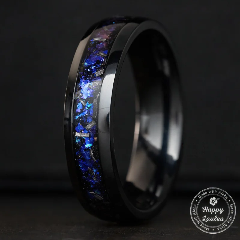 Regency style rings-Black Titanium Ring [6mm width] Blue Fire Opal & Meteorite