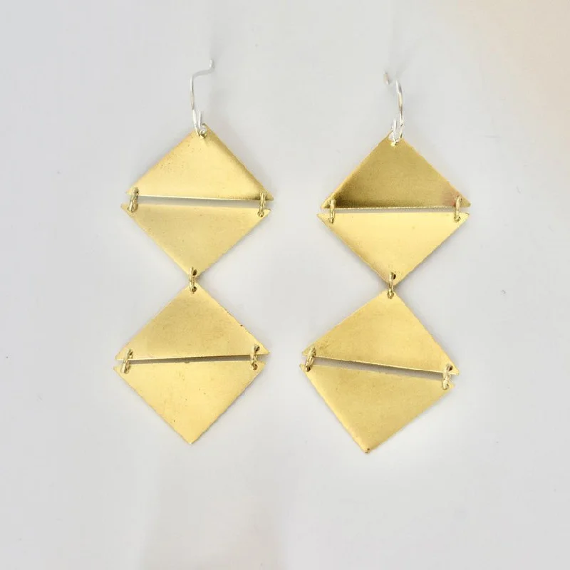 Flat disc earrings-Brass Deco Double-Drop Earrings