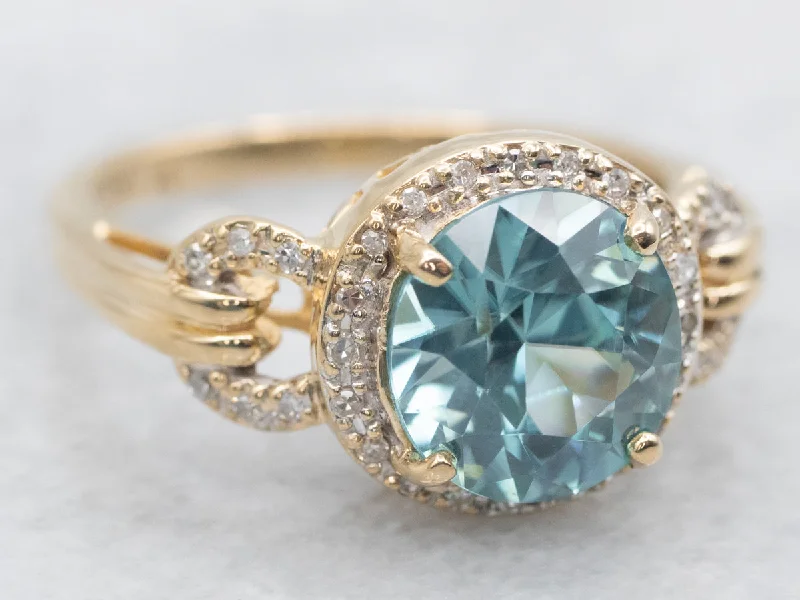 Ripple style rings-Blue Zircon Ring with Diamond Halo