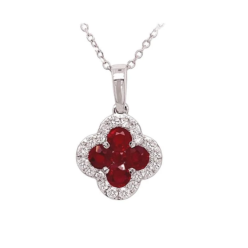 Vine design necklaces-18K White Gold Ruby & Diamond Clover Necklace