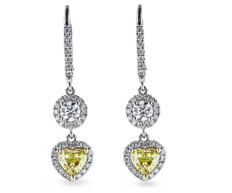 Curved design earrings-18KT WHITE GOLD 1.53CTW YELLOW DIAMOND & 0.97CTW DIAMOND DANGLE EARRINGS