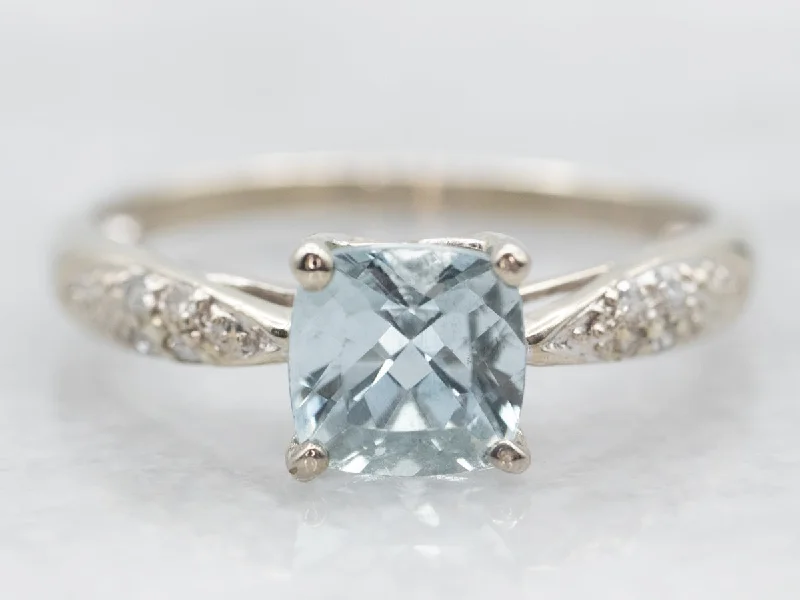 Shiny modern rings-White Gold Aquamarine Ring with Diamond Shoulders