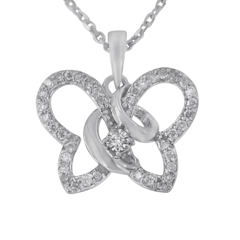 Dew glass necklaces-.925 Sterling Silver 1/4 cttw Prong-Set Diamond Butterfly 18" Pendant Necklace