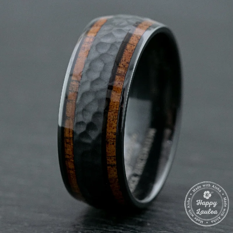 Soft enamel rings-Zirconium Hammered Ring with Hawaiian Koa Wood Duo-Inlay / 8mm / Dome Shape & Comfort Fitment