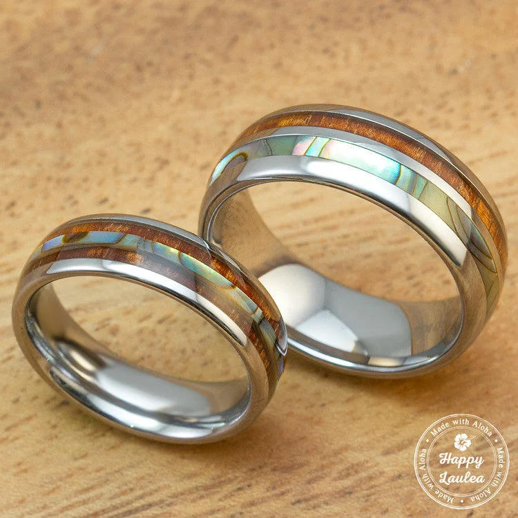 Tulip rings-Pair of Tungsten Carbide Assorted Couple/Wedding Ring Set with Abalone Shell & Koa Wood Inlay - 6 & 8mm, Dome Shape, Comfort Fitment