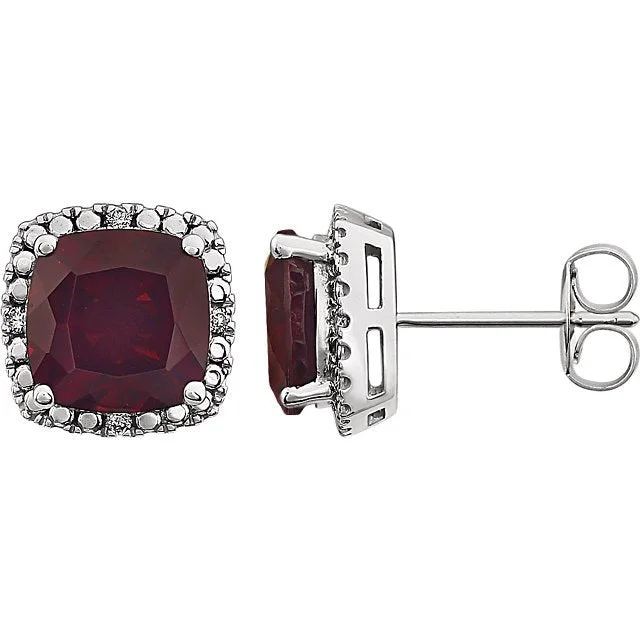 Solid hoop earrings-14KT WHITE GOLD CUSHION GARNET & .06 CTW DIAMOND HALO EARRINGS