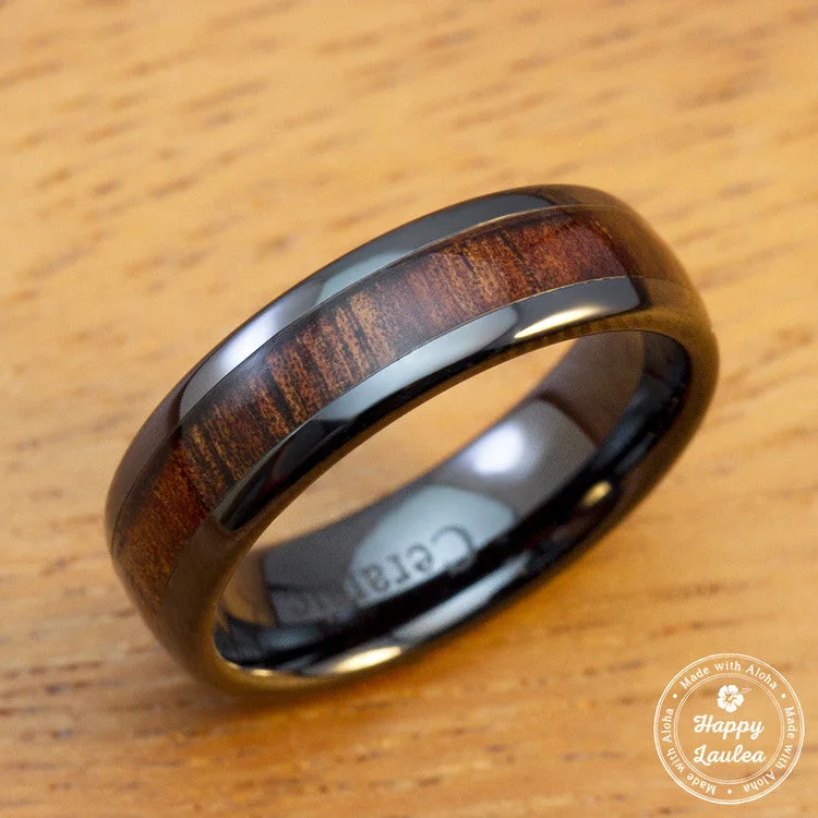 Pure druzy rings-HI-TECH Black Ceramic Ring with Hawaiian Koa Wood Inlay - 6mm, Dome Shape, Comfort Fitment